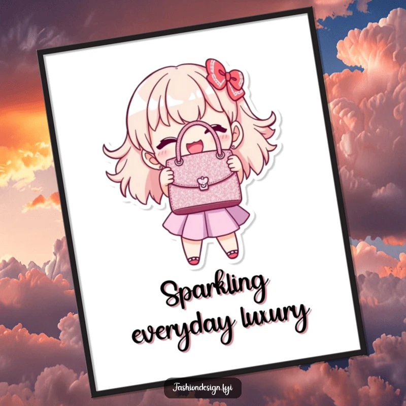 Funny handbag stitcher digital art print of a joyful character showing off a perfectly stitched, miniature, glittering handbag, charming and humorous, funny gift.