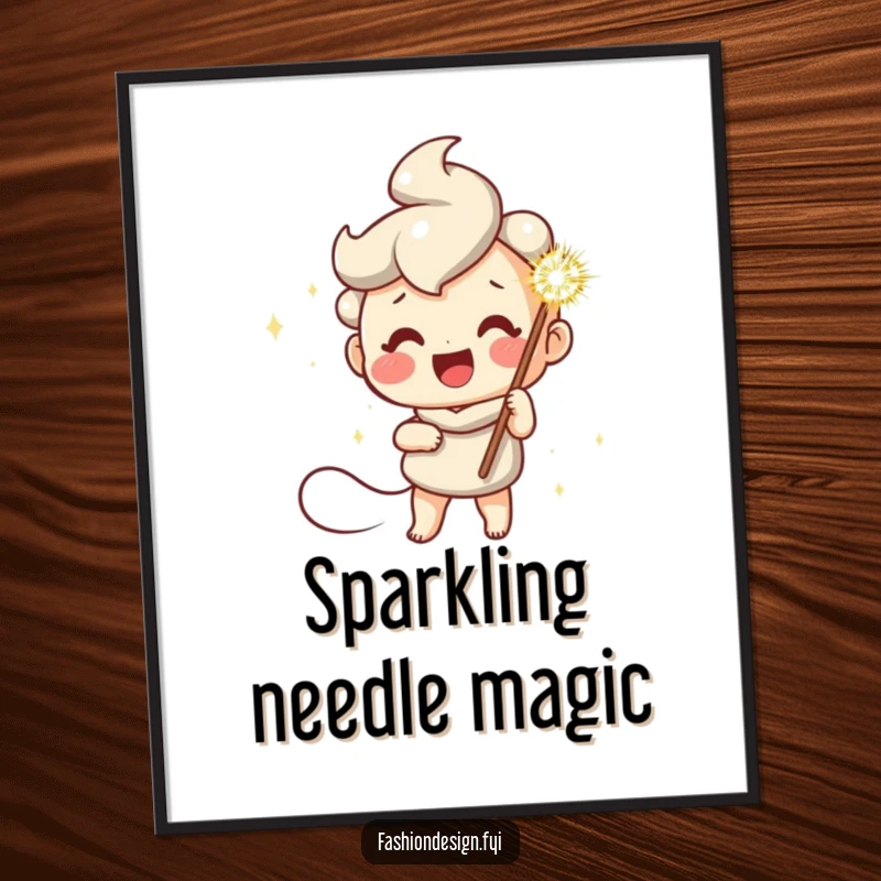 Funny digital art print of a cheerful character holding a giant sparkly needle, offering instant creative charm and delightful wall decor.