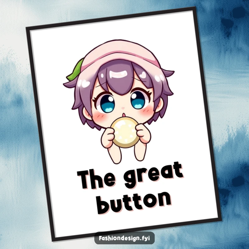 Funny crafter digital art print of a surprised character holding a sparkly button, adding humor and a touch of sparkle to wall decor.