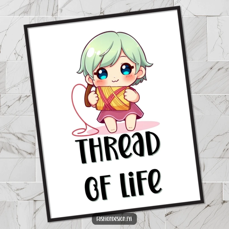 Funny Thread Spool Digital Art: Cute character smiling with unraveling thread, instant download for humorous and creative wall decor.