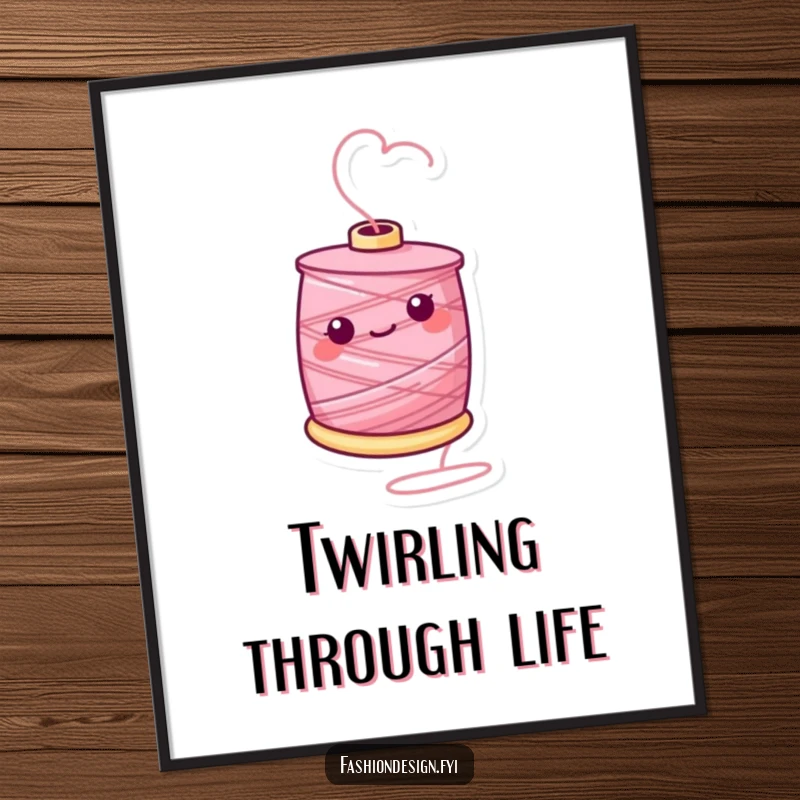 Funny digital art print of a cheerful spool of thread twirling on its end, bringing crafty vibes to any wall.
