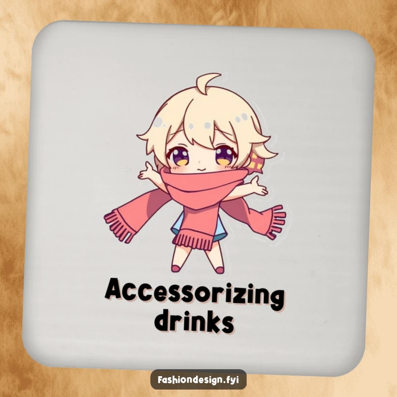 Funny coaster featuring a playful character in a dramatic pose with a long scarf, symbolizing theatrical elegance.