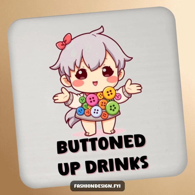 Funny drink coasters showing a character artfully arranging a collection of colorful buttons.