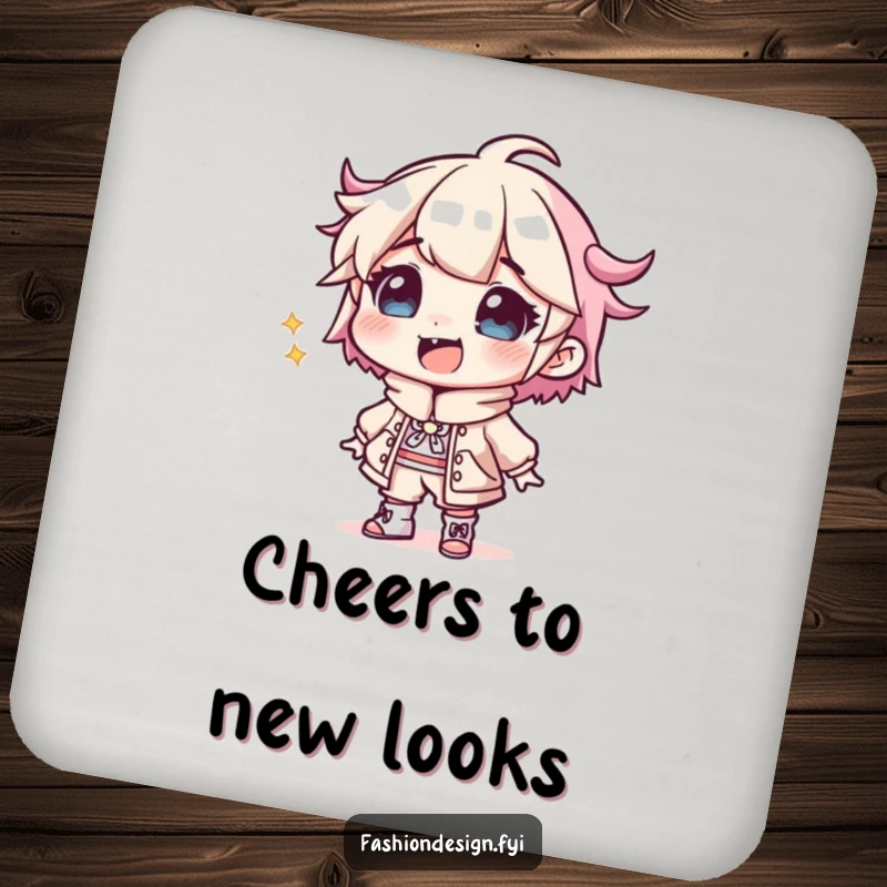 Funny Designer Coaster: A giggling character sketching a wacky outfit, providing a protective and humorous accent for drinks.