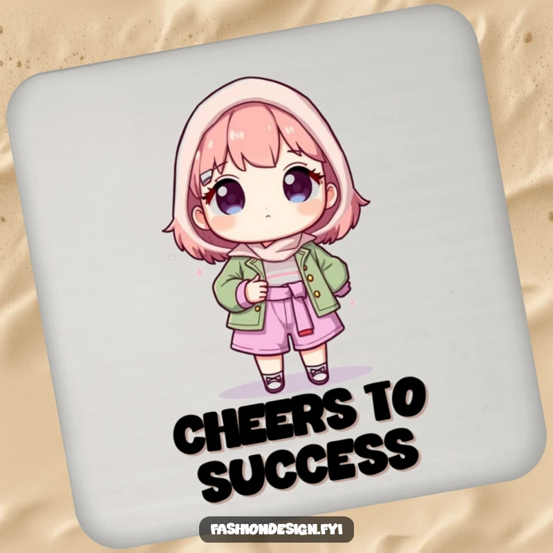 Funny drink coaster depicting a proud character showcasing their completed fashion creation, adding humor to drink service.