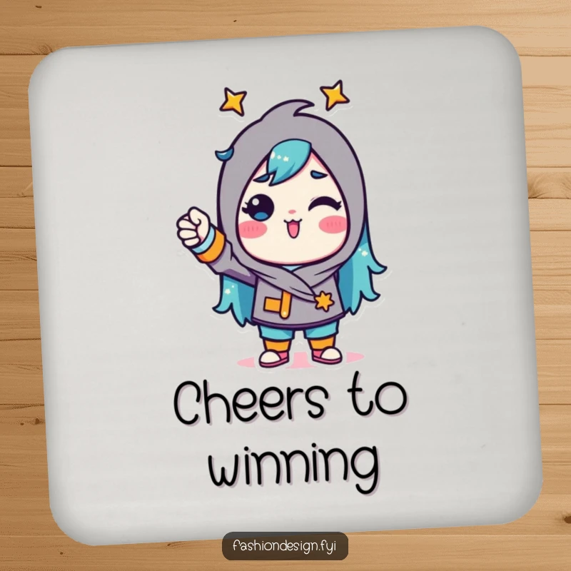 Funny Drink Coaster depicting a triumphant character pinning fabric, adding a humorous touch to beverage service.