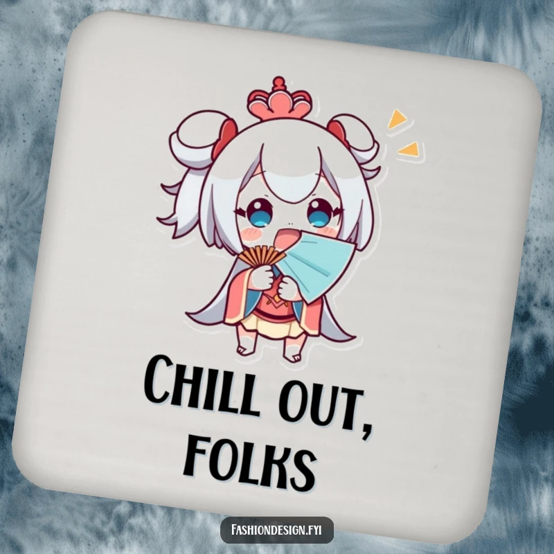 Funny Drink Coaster depicting a surprised character fanning themselves with a large fan, adding humorous heat relief.