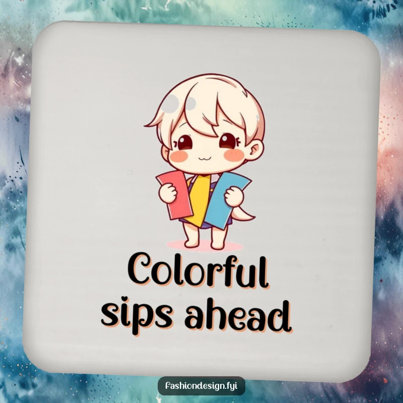 Funny drink coasters with a happy character selecting colorful fabric swatches, protecting surfaces with cheerful creative flair.