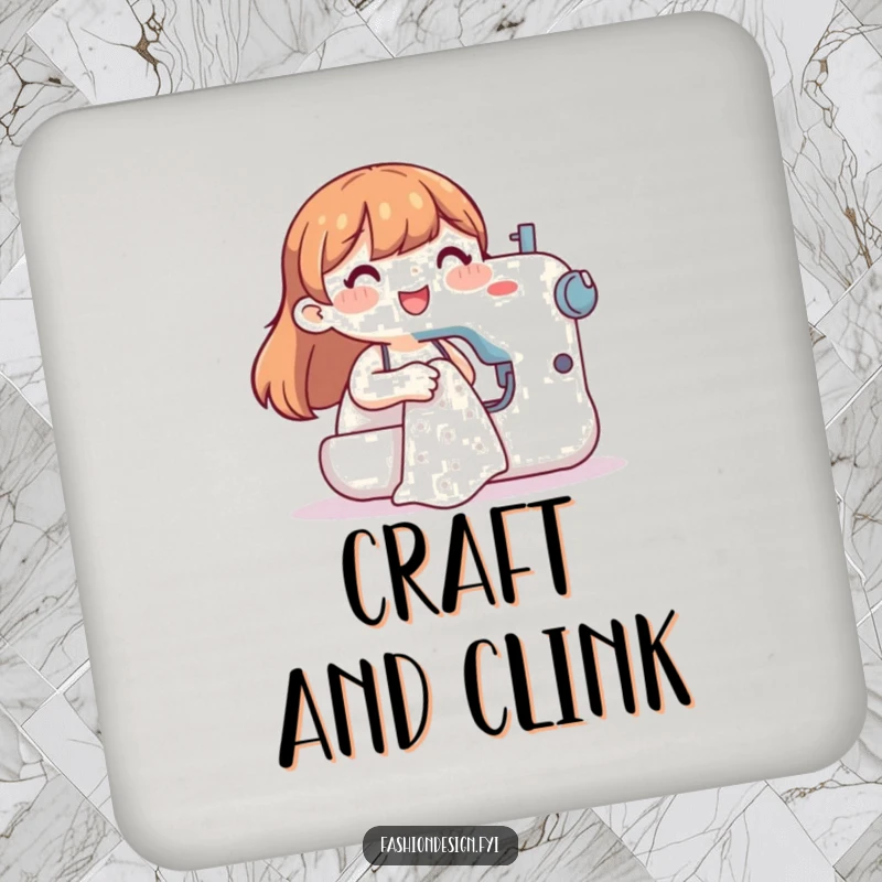 Funny drink coaster with a happy character sewing, offering protection and a humorous visual for tabletops.