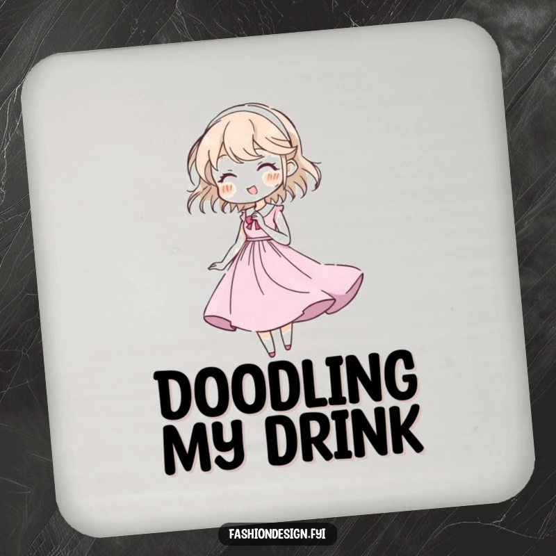 Funny drink coaster set featuring a character sketching a gown, adding artistic humor to tables.