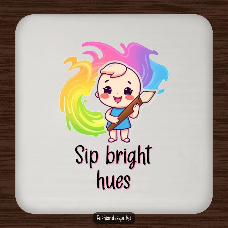 Funny coaster featuring a character creating colorful swirls with a paintbrush, adding artistic charm to tabletops.