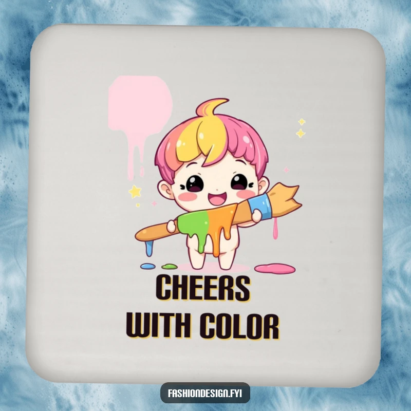 Funny Artist Rainbow Drink Coasters: A cute character holds a giant rainbow paintbrush, offering humorous protection, a funny gift.