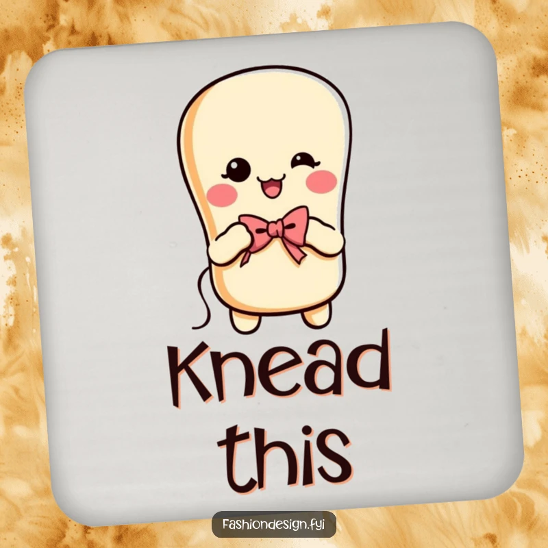 Funny cheerful baguette with arms, sewing a bow, drink coasters, perfect funny gift.