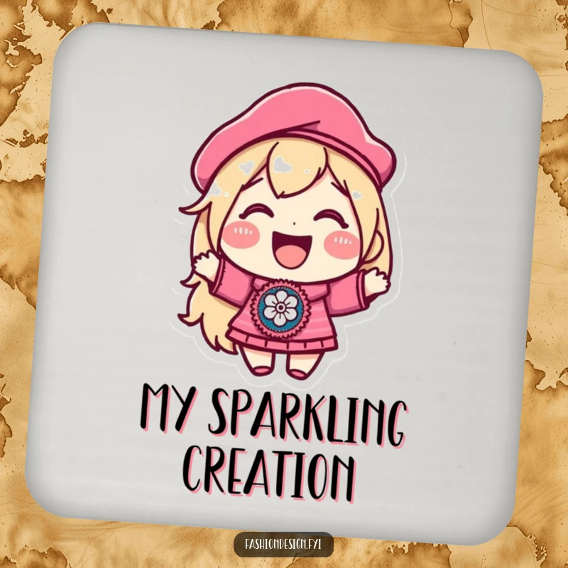 Funny drink coaster featuring a joyful character in a beret, proudly displaying a beautifully embroidered patch, protecting surfaces with artistic flair.