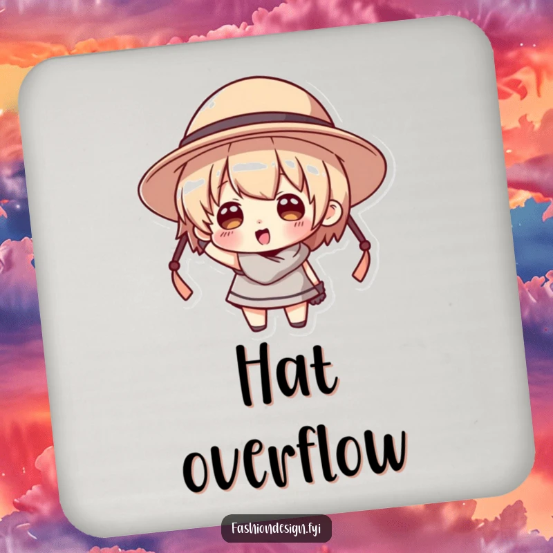 Funny drink coaster featuring a character comically attempting to wear a hat that is comically too large.