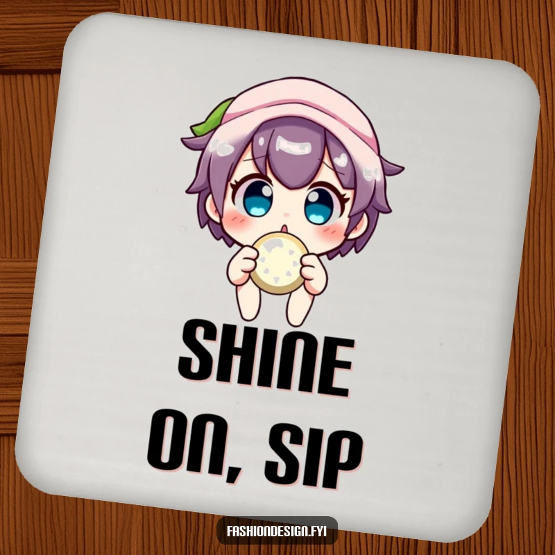 Funny crafter coaster featuring a surprised character holding a sparkly button, providing surface protection with crafting charm.