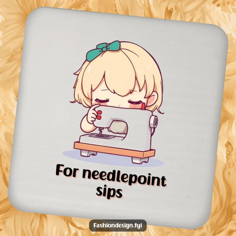 Funny drink coaster with a curious character examining a tiny sewing machine, protecting surfaces with detail.