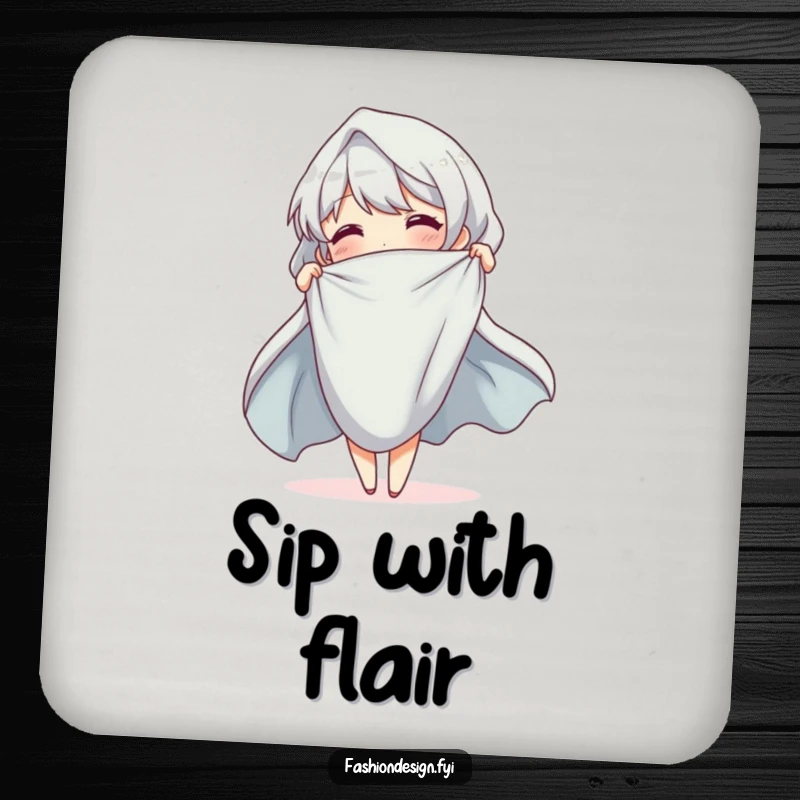 Funny Drink Coaster depicting a cheerful character elegantly draping cloth, adding artistic flair to table settings.