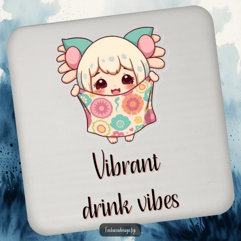 Funny drink coaster featuring a character with a delighted expression holding up a piece of wildly patterned fabric.