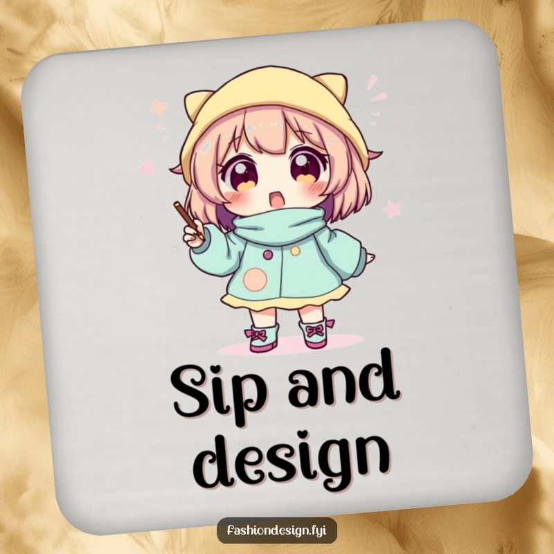 Funny coaster featuring an excited character sketching a whimsical outfit, adding designer charm to tabletops.