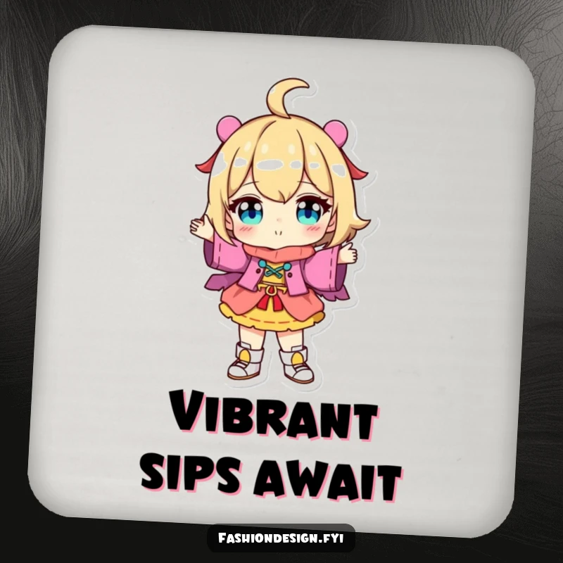 Funny Coaster: Character proudly displaying a colorful, uniquely designed outfit, adding unique style and humor.