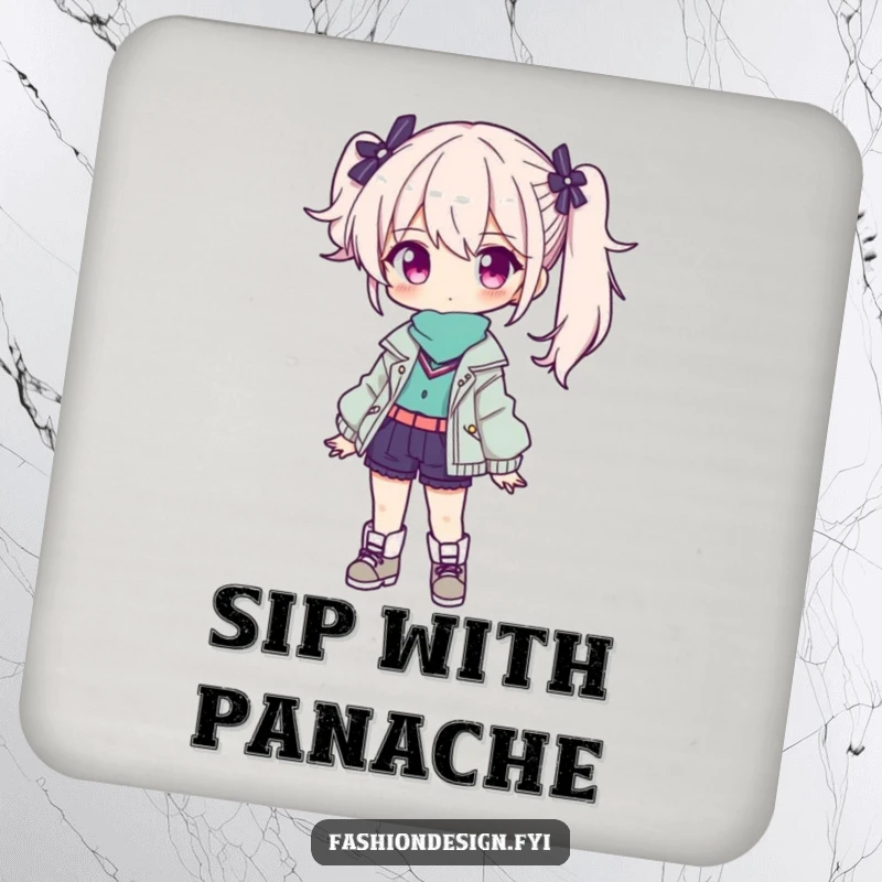 Funny coaster showcasing a confident character presenting a stylish outfit, protecting surfaces with flair.