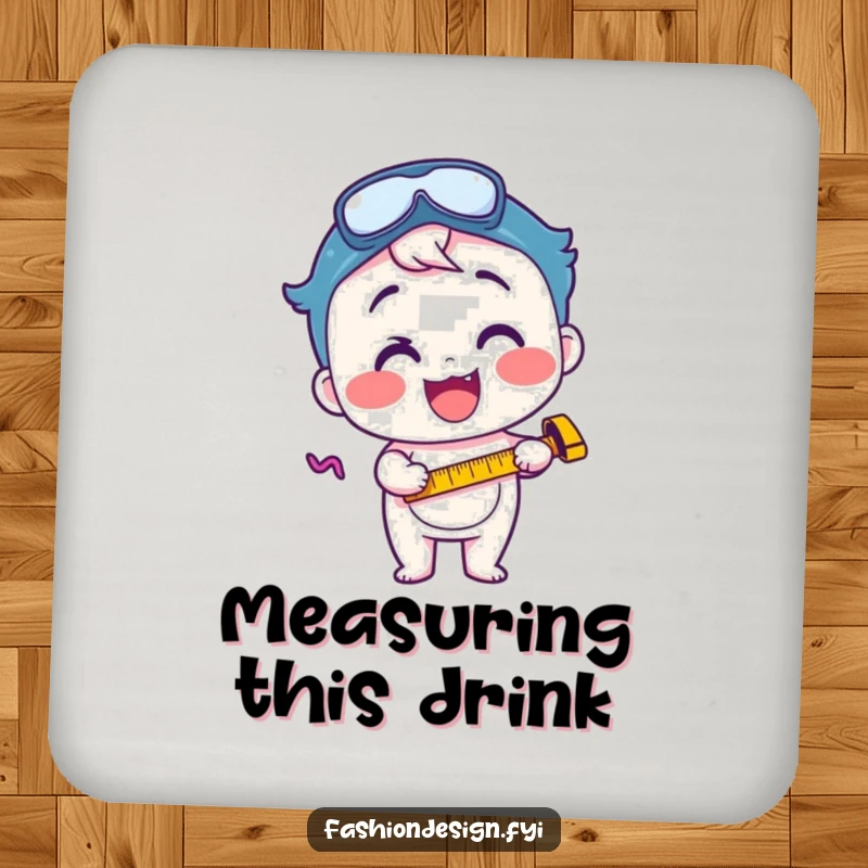 Funny coaster with a happy character wielding a measuring tape, symbolizing focused excitement and careful measurement.