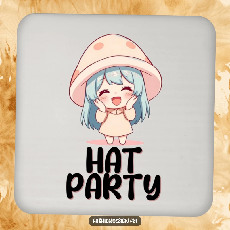 Funny Coasters: A character giggles with delight while wearing a comically oversized hat, protecting surfaces with humor.