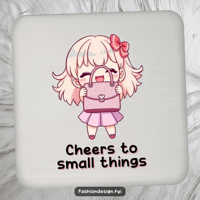 Funny handbag stitcher drink coaster of a joyful character showing off a perfectly stitched, miniature, glittering handbag, practical funny gift.