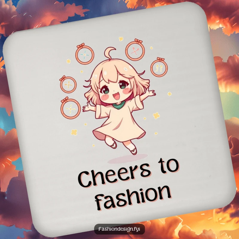 Funny drink coaster with a character doing a happy dance surrounded by floating mannequins, protecting furniture.