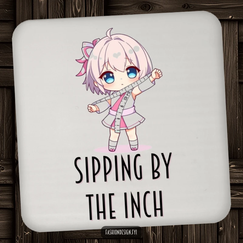 Funny coaster depicting a character dramatically posing, wearing a measuring tape like a sash; adds a touch of humorous precision.