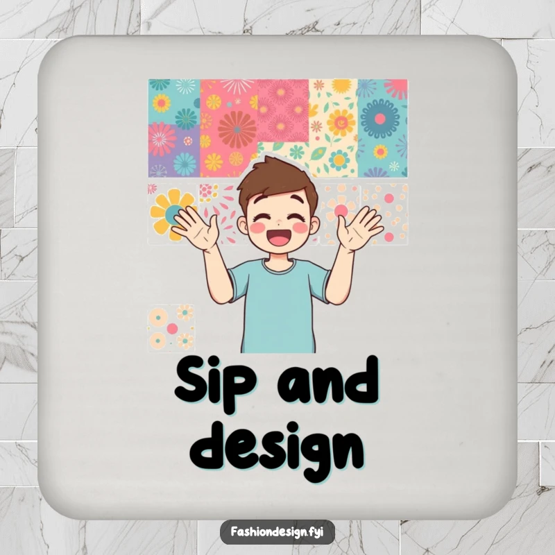 Funny drink coaster featuring an enthusiastic person gesturing at a mood board of vibrant patterns, adding creative humor.