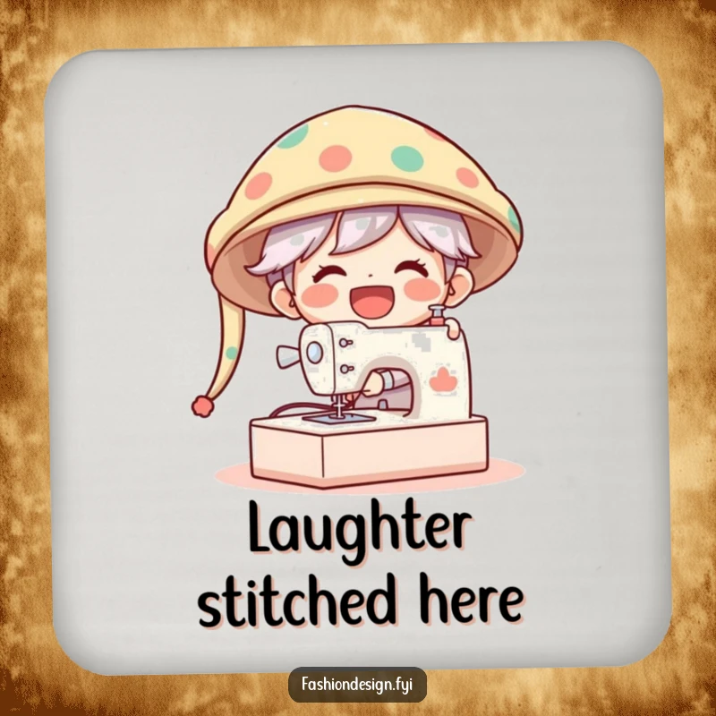 Funny Drink Coaster showing a gleeful character laughing while sewing a comically oversized hat on a giant machine.