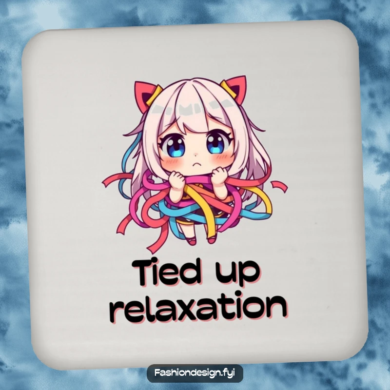 Funny drink coaster featuring a character comically tangled in colorful ribbons, looking playfully frustrated.