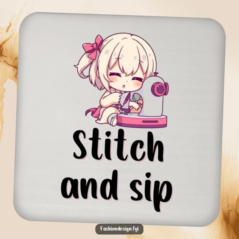 Funny Coaster: Dramatic character posing with a sewing machine mid-stitch, adding sewing humor to your space.