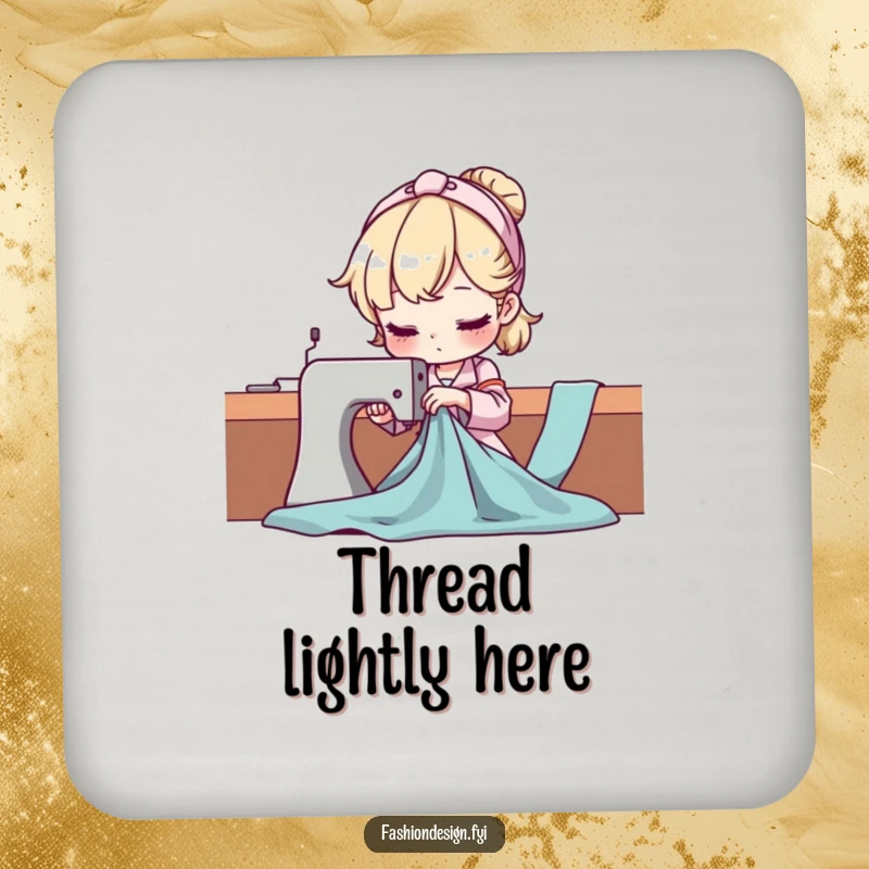 Funny Seamstress Drink Coasters featuring a character expertly draping fabric, protecting surfaces with sewing-themed humor.