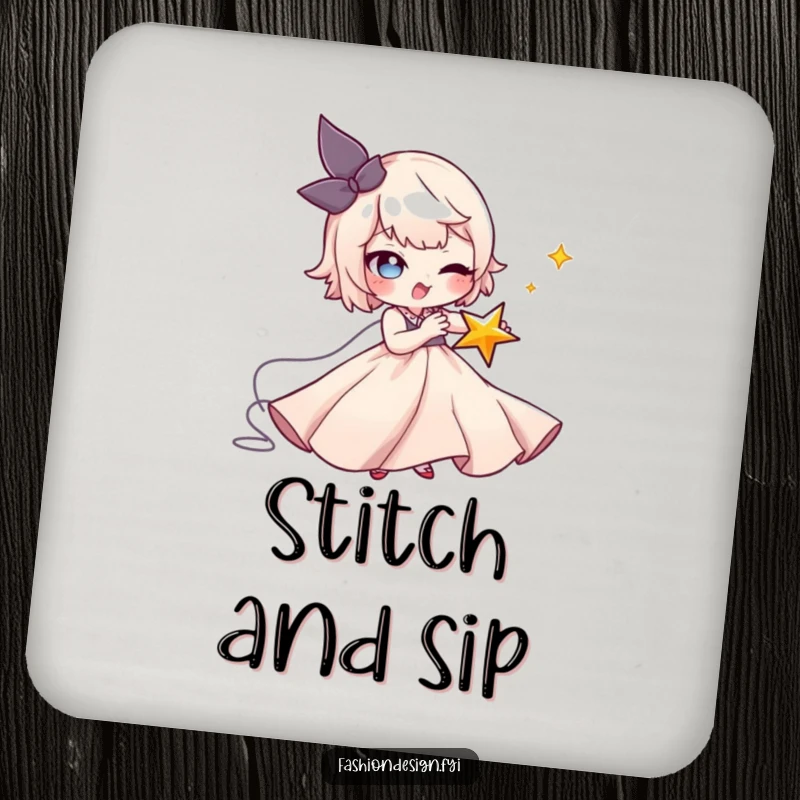 Funny Seamstress Star Drink Coasters: A mischievous character stitches a tiny winking star onto a flowing gown, offering humorous protection, a funny gift.