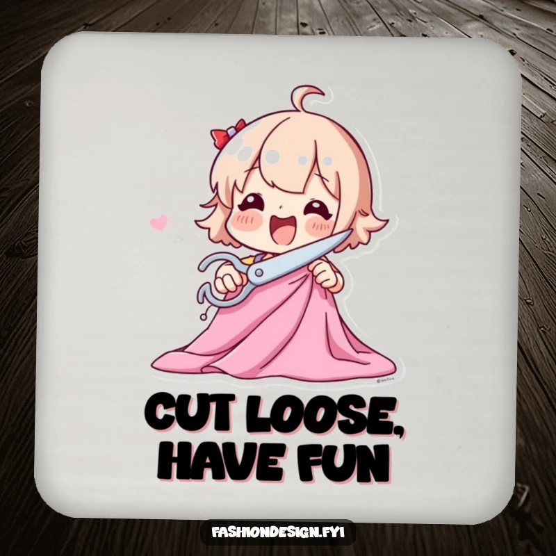 Funny drink coaster with a playful character excitedly cutting fabric with large scissors, protecting surfaces.