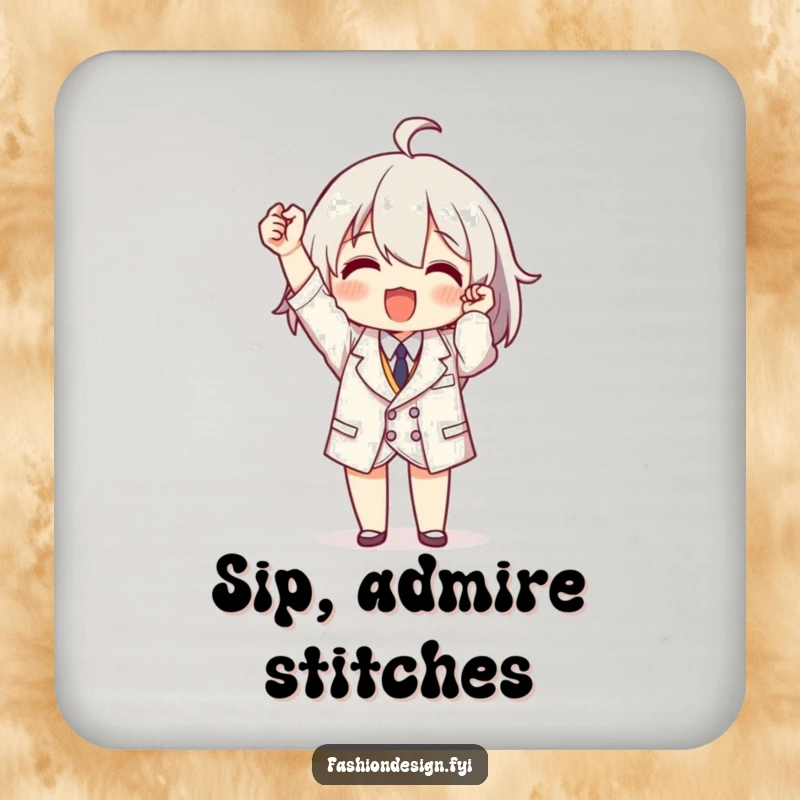 Funny coaster featuring a triumphant character holding a perfectly tailored miniature garment, celebrating sewing skills.