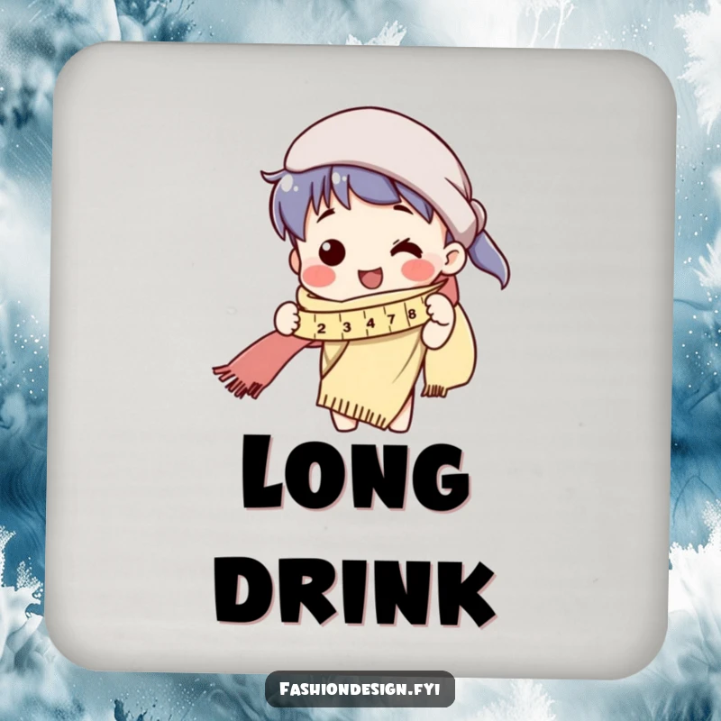 Funny drink coasters showing a character humorously measuring a very long scarf with a tape measure.