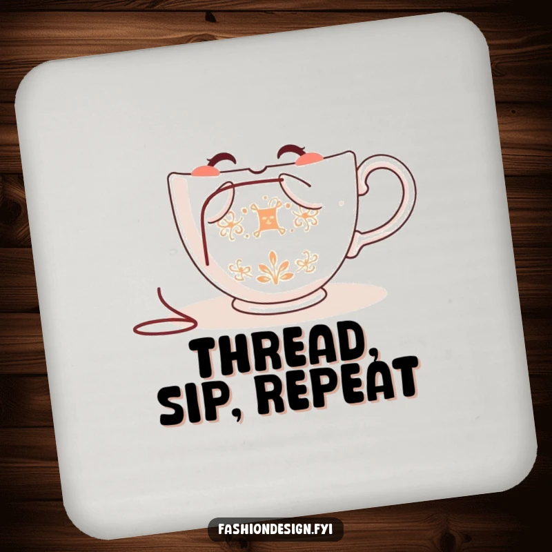 Funny teacup drink coaster, a happy teacup character embroidering, protecting surfaces from drinks, colorful and artistic.
