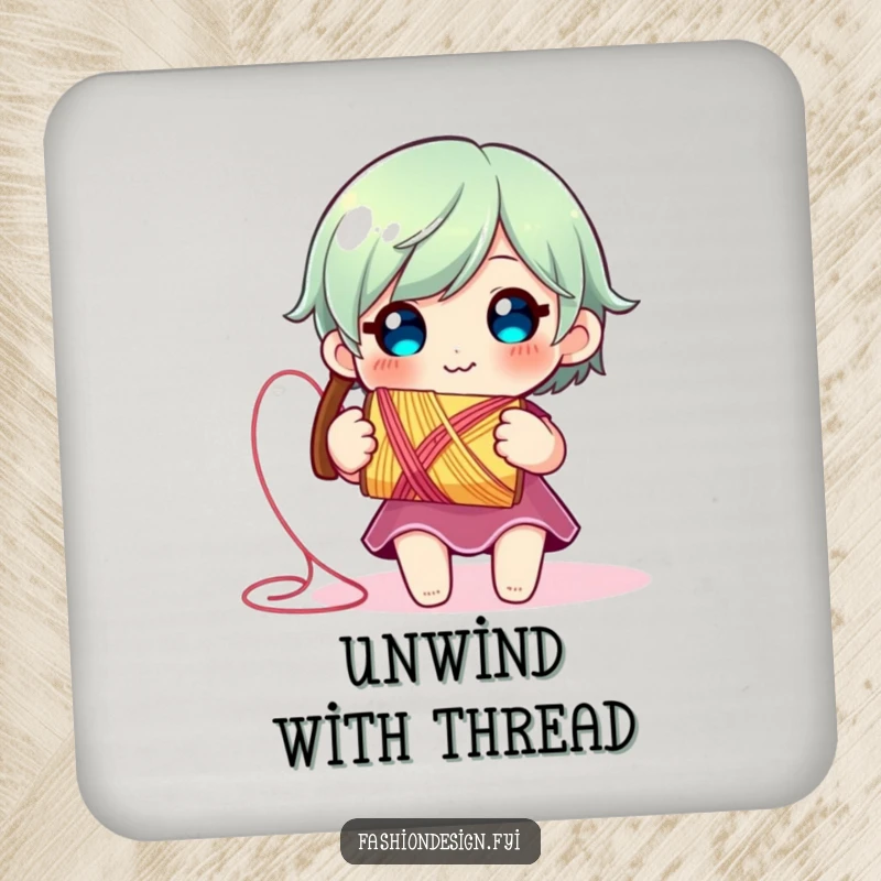 Funny Thread Spool Coaster: Smiling character with a vibrant spool of thread unraveling, a humorous and protective addition for crafters.