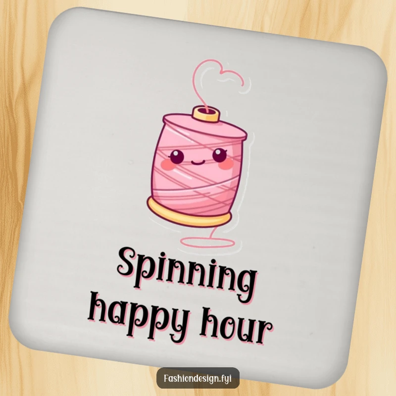 Funny drink coaster featuring a cheerful spool of thread spinning, adding a decorative and protective element for drink surfaces.