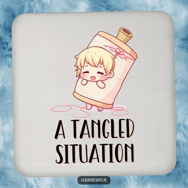 Funny drink coaster with a cute character adorably struggling with a gigantic spool of thread, protecting surfaces.
