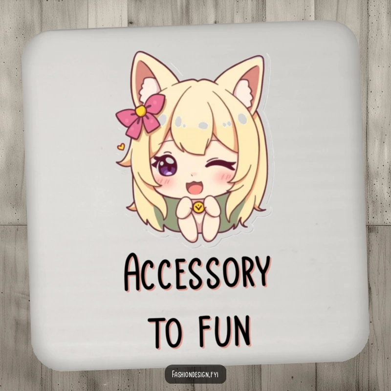 Funny drink coasters with a character winking while adding a whimsical accessory, protecting surfaces with charm and humor.