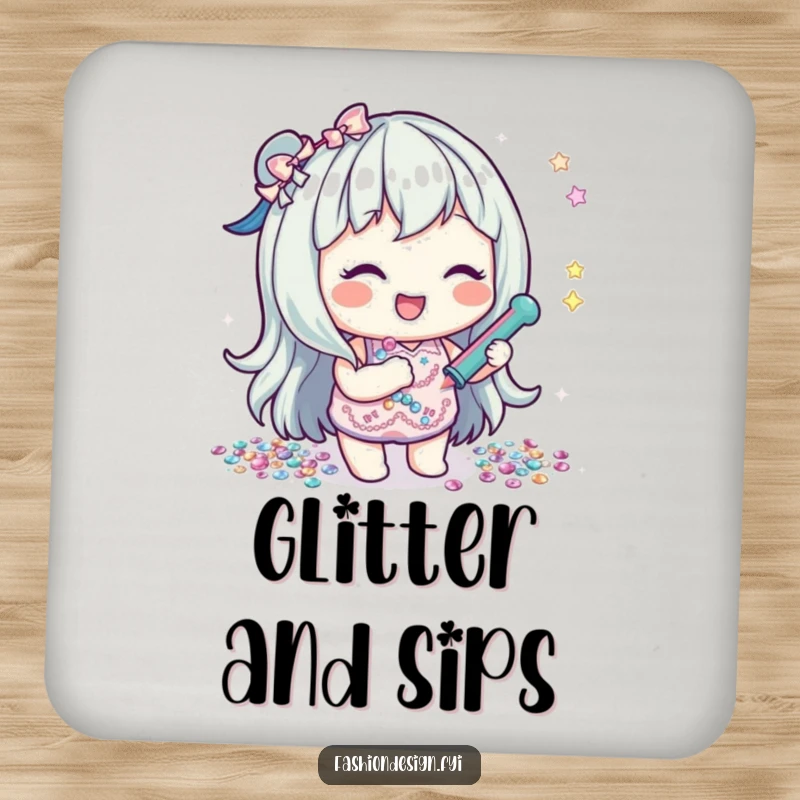 Funny drink coaster featuring a happy character gluing shiny sequins, adding a decorative and protective element with sparkle.