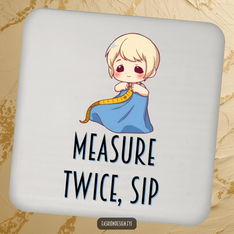 Funny drink coasters with a character measuring fabric, adding a humorous and protective touch to tables for sewing lovers.