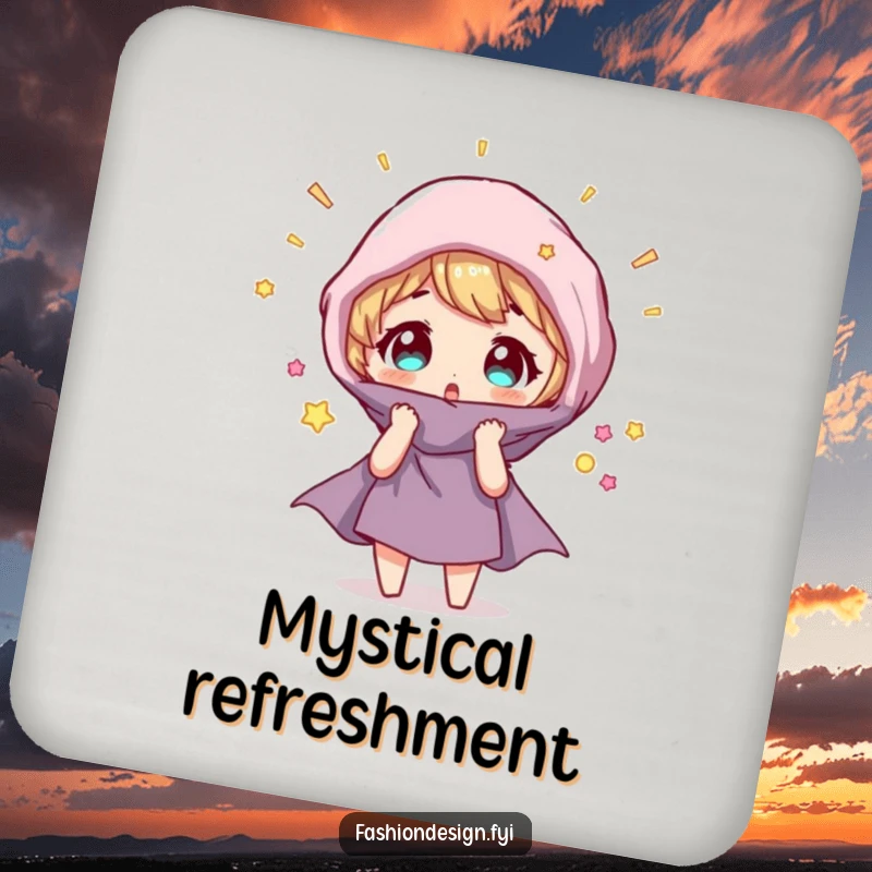 Funny Coaster: Character looks surprised as a fabric swatch magically transforms, adding magical humor.