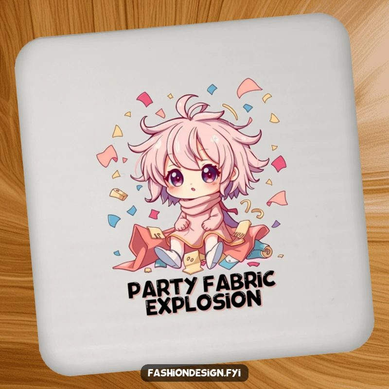 Funny coaster depicting a character in creative chaos, surrounded by flying fabric scraps; adds a humorous touch to any beverage.