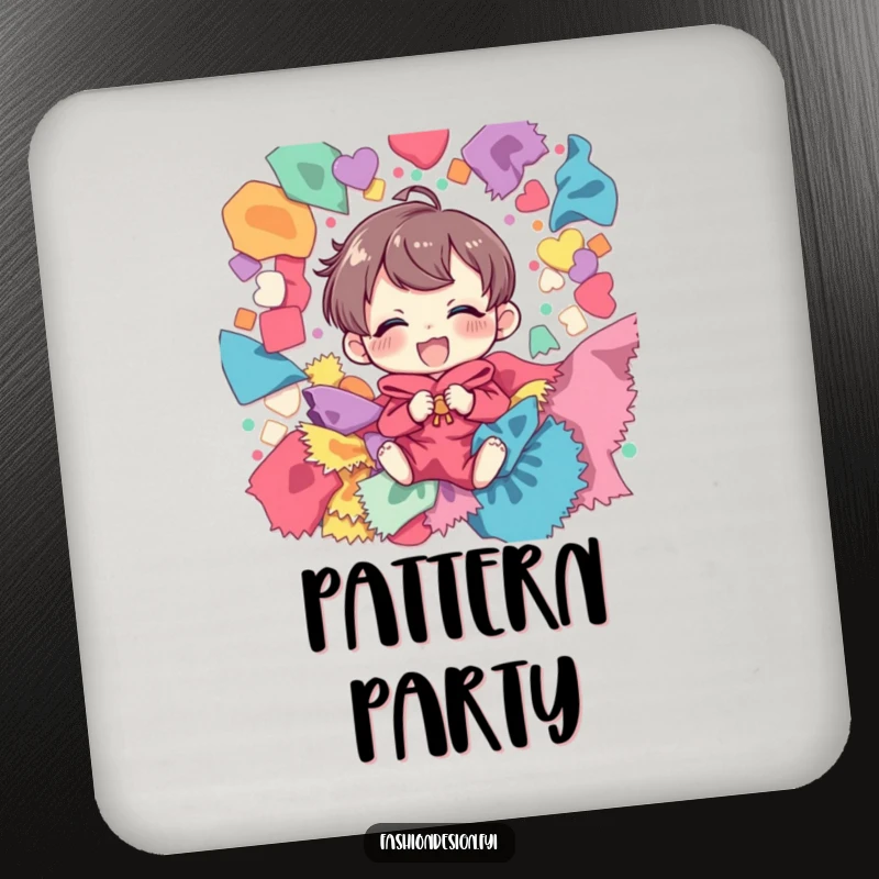 Funny drink coasters depicting a giggling character happily immersed in a colorful jumble of fabric scraps, adding charm to any table.